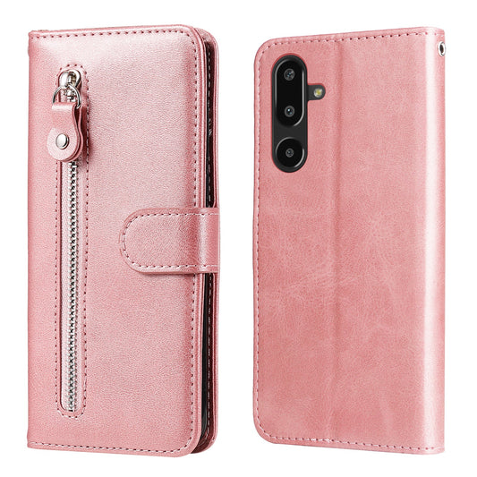 For Samsung Galaxy F16 5G / Galaxy M16 5G PU Leather Cases with Zipper Pocket Wallet Phone Cover Stand - Pink