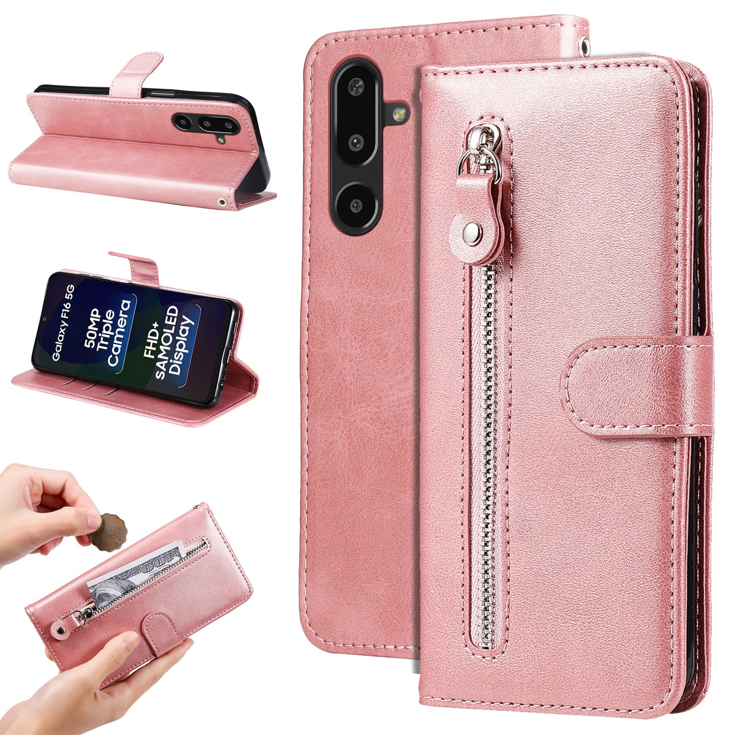 For Samsung Galaxy F16 5G / Galaxy M16 5G PU Leather Cases with Zipper Pocket Wallet Phone Cover Stand - Pink