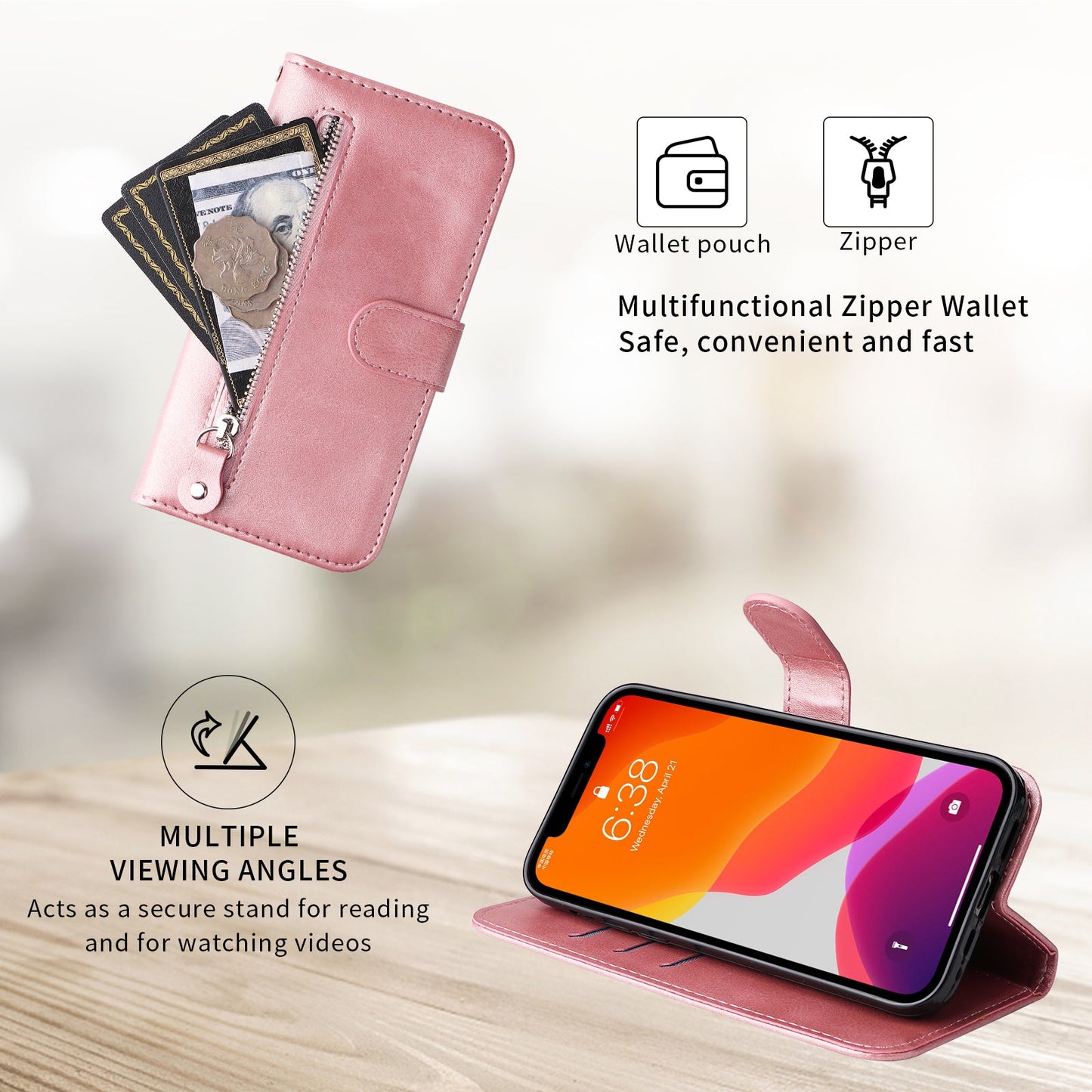 For Samsung Galaxy F16 5G / Galaxy M16 5G PU Leather Cases with Zipper Pocket Wallet Phone Cover Stand - Pink