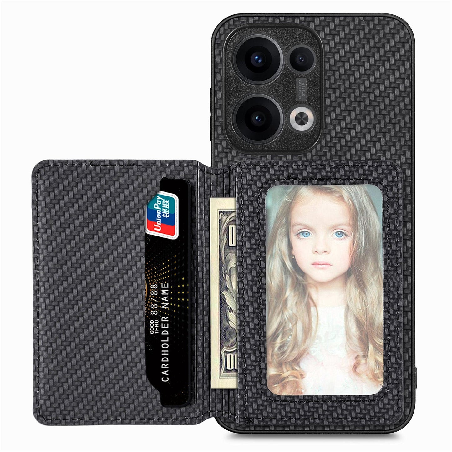 For Oppo Reno13 5G (Global) Case RFID Blocking Carbon Fiber Leather Phone Back Cover with Card Holder - Black