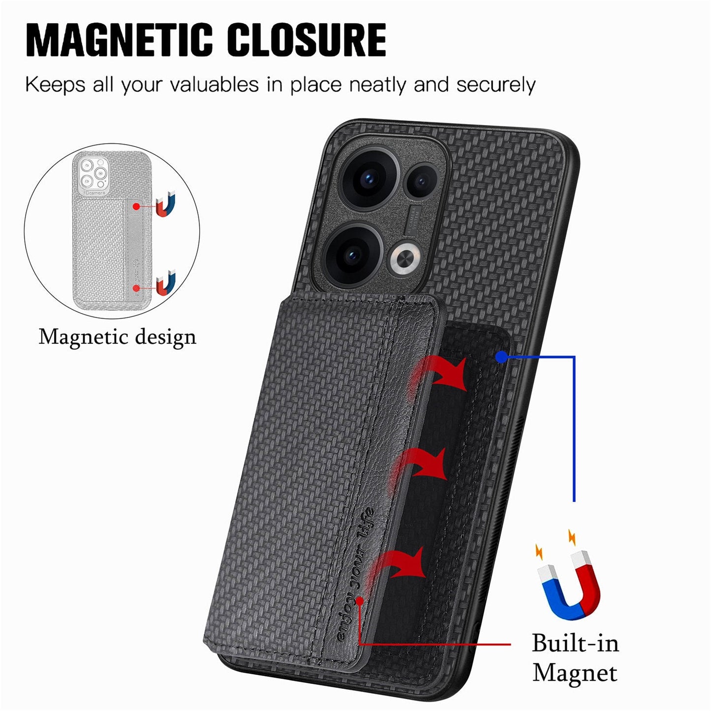 For Oppo Reno13 5G (Global) Case RFID Blocking Carbon Fiber Leather Phone Back Cover with Card Holder - Black
