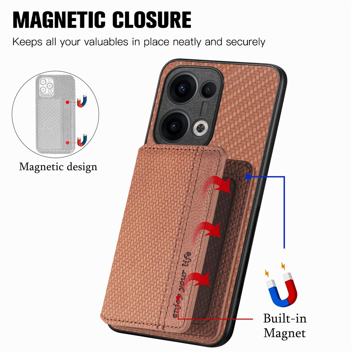 For Oppo Reno13 5G (Global) Case RFID Blocking Carbon Fiber Leather Phone Back Cover with Card Holder - Brown