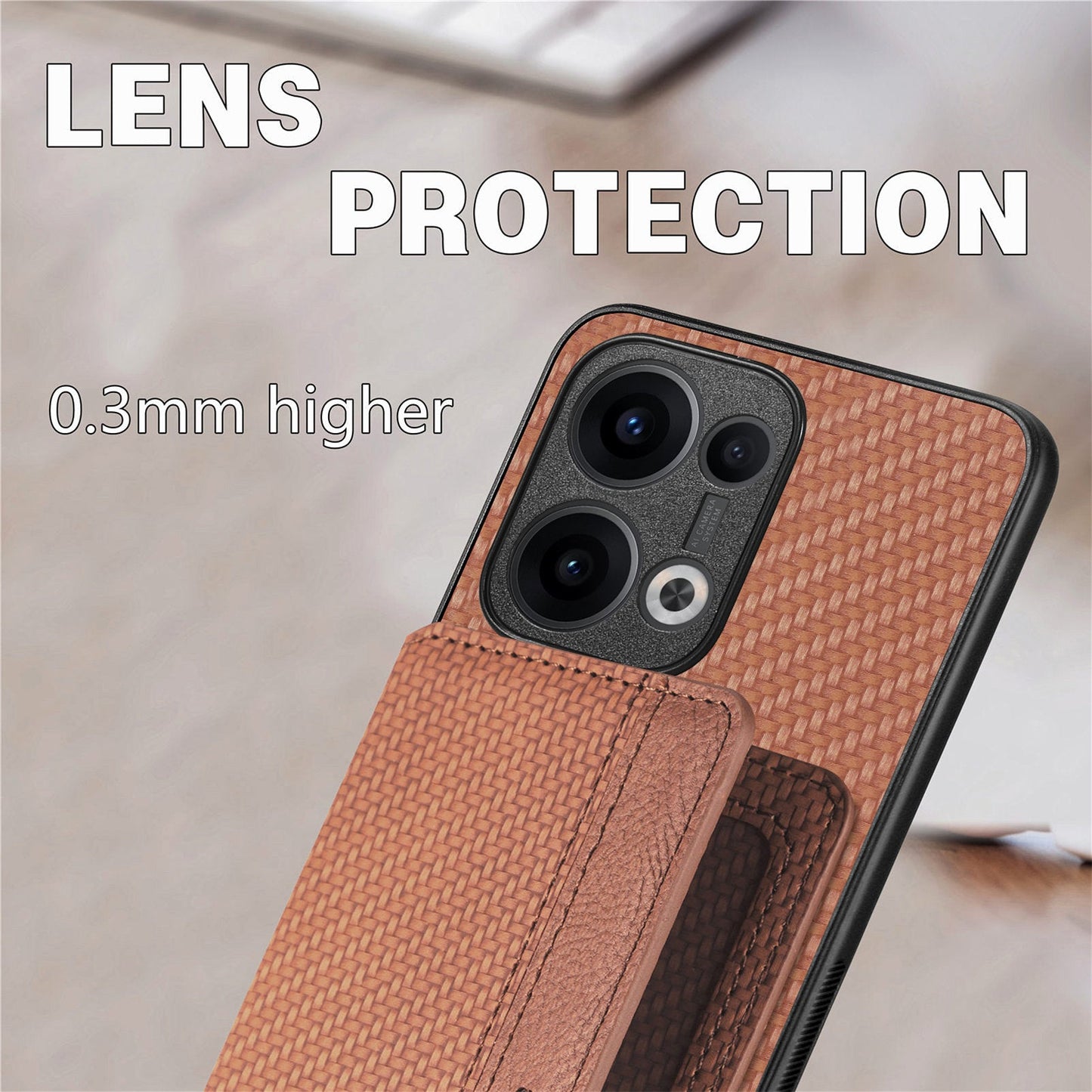 For Oppo Reno13 5G (Global) Case RFID Blocking Carbon Fiber Leather Phone Back Cover with Card Holder - Brown
