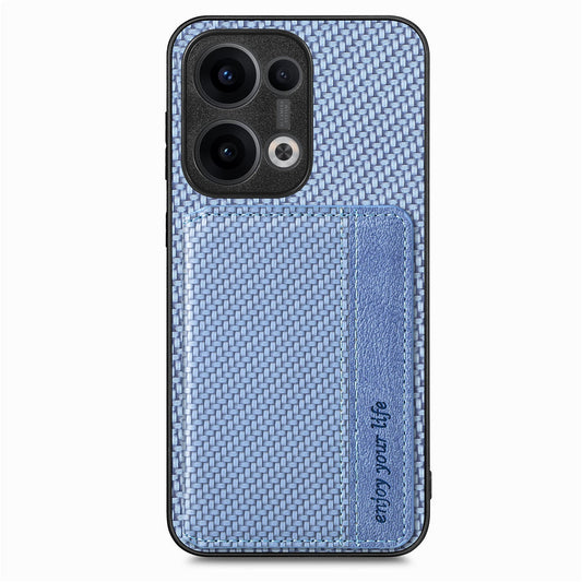 For Oppo Reno13 5G (Global) Case RFID Blocking Carbon Fiber Leather Phone Back Cover with Card Holder - Blue