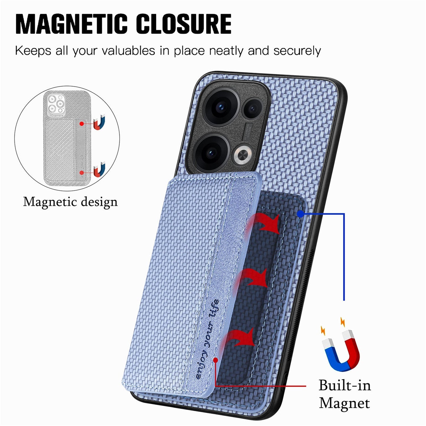 For Oppo Reno13 5G (Global) Case RFID Blocking Carbon Fiber Leather Phone Back Cover with Card Holder - Blue