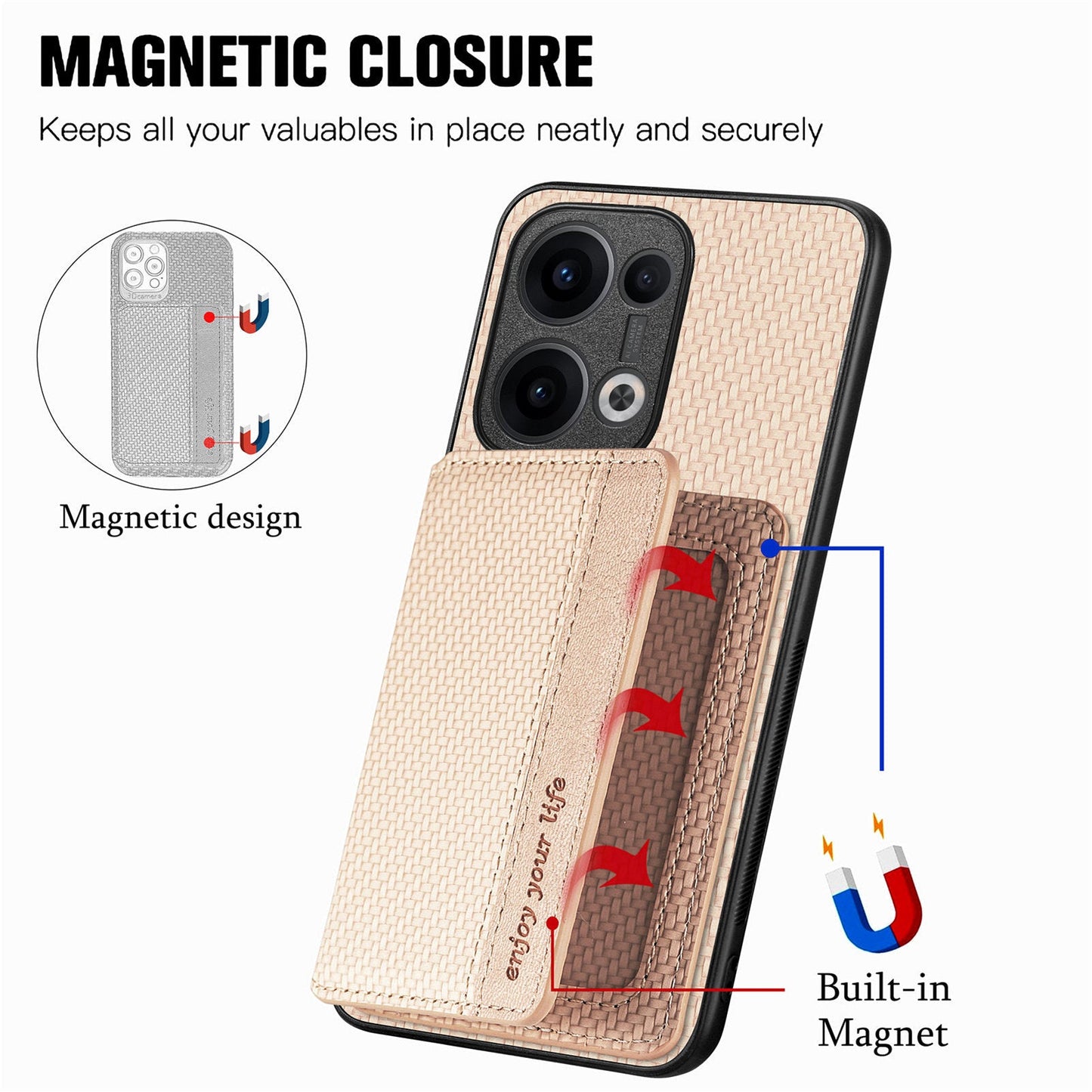 For Oppo Reno13 5G (Global) Case RFID Blocking Carbon Fiber Leather Phone Back Cover with Card Holder - Apricot