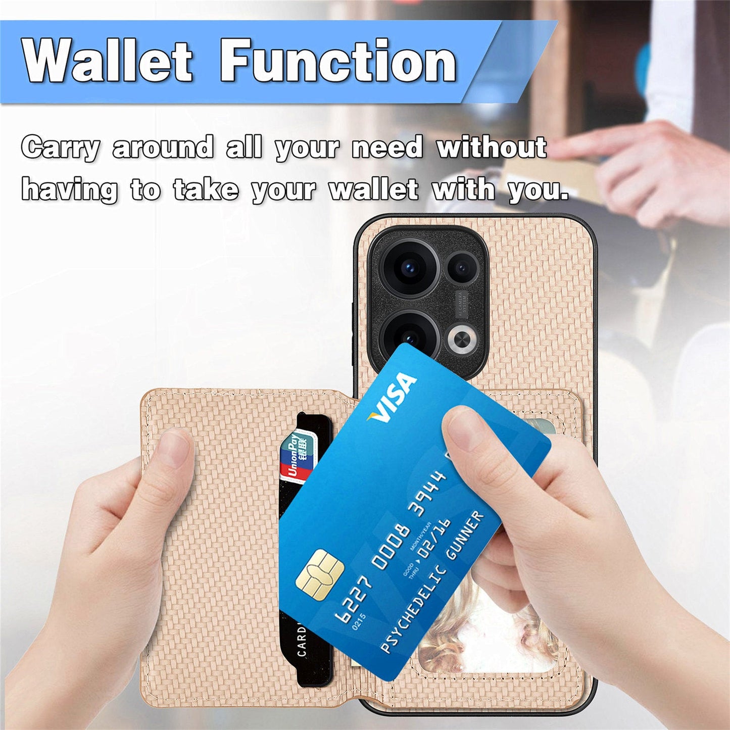 For Oppo Reno13 5G (Global) Case RFID Blocking Carbon Fiber Leather Phone Back Cover with Card Holder - Apricot