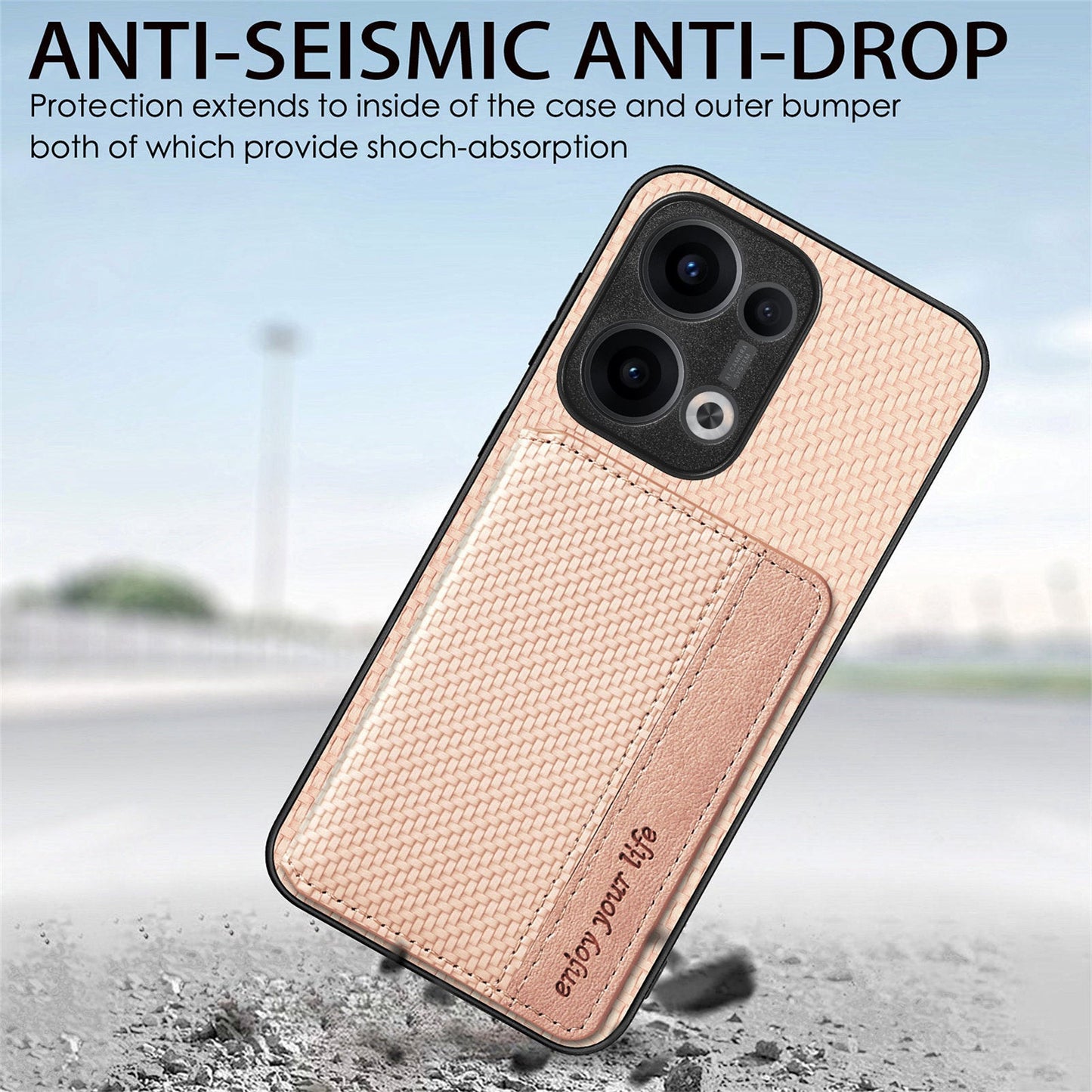 For Oppo Reno13 5G (Global) Case RFID Blocking Carbon Fiber Leather Phone Back Cover with Card Holder - Apricot
