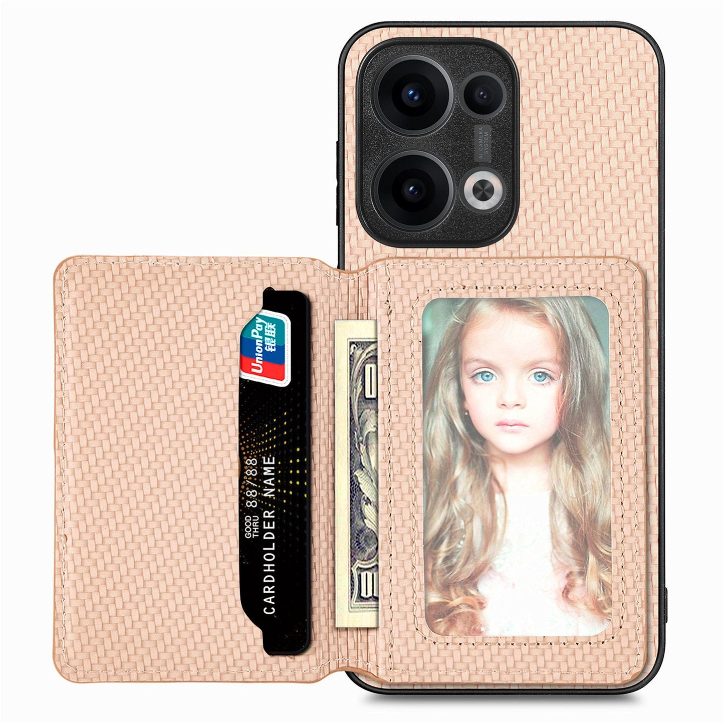 For Oppo Reno13 5G (Global) Case RFID Blocking Carbon Fiber Leather Phone Back Cover with Card Holder - Apricot