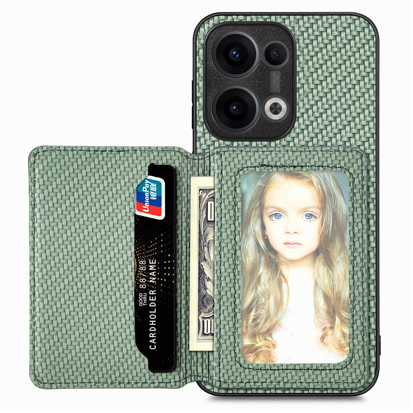 For Oppo Reno13 5G (Global) Case RFID Blocking Carbon Fiber Leather Phone Back Cover with Card Holder - Green