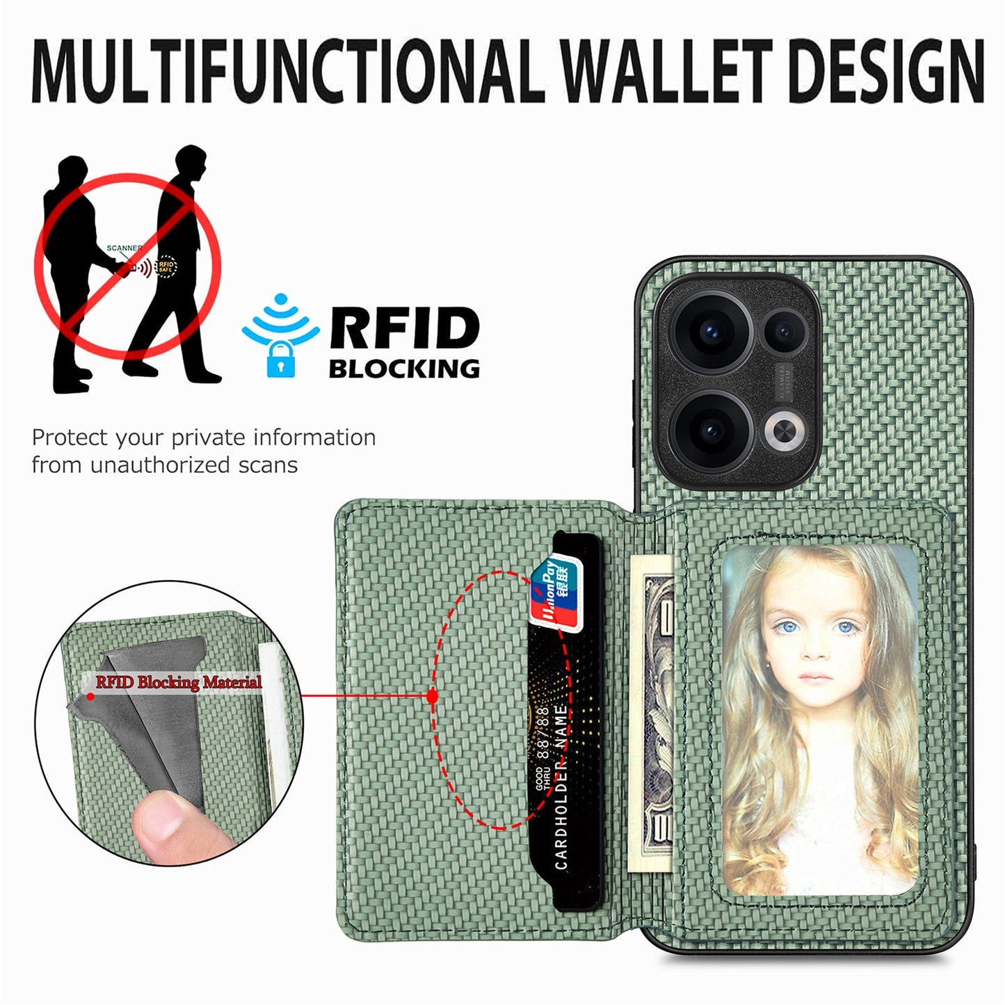 For Oppo Reno13 5G (Global) Case RFID Blocking Carbon Fiber Leather Phone Back Cover with Card Holder - Green