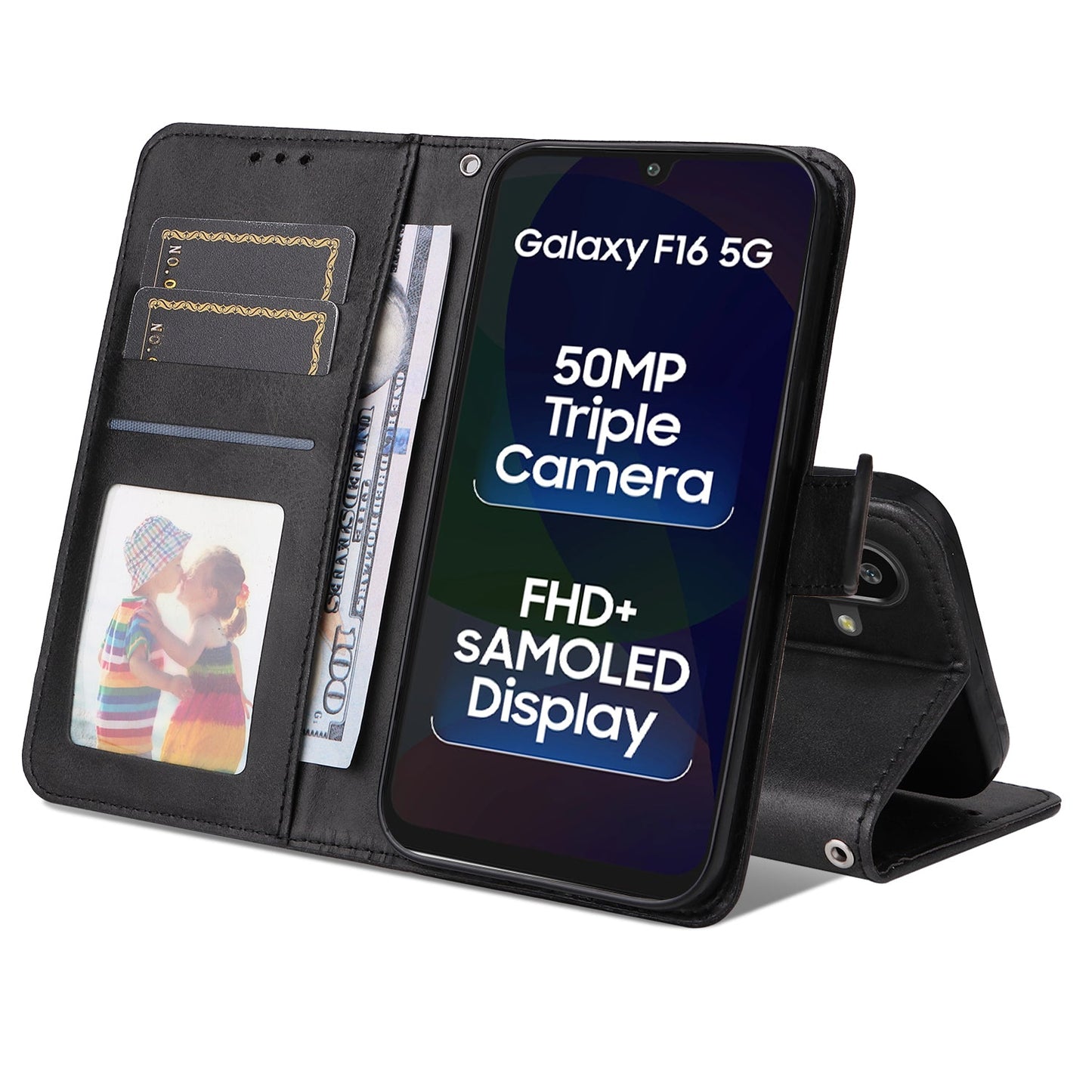 For Samsung Galaxy F16 5G / Galaxy M16 5G Case Wallet PU Leather Folio Flip Phone Cover - Black