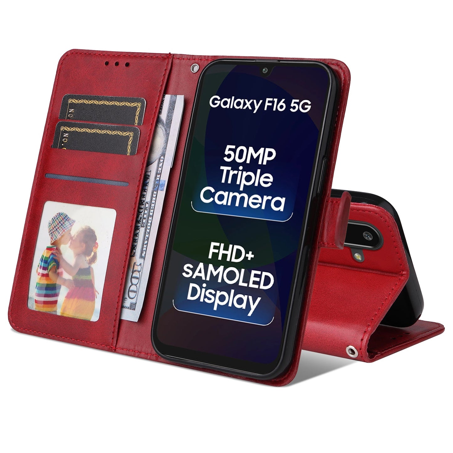 For Samsung Galaxy F16 5G / Galaxy M16 5G Case Wallet PU Leather Folio Flip Phone Cover - Red