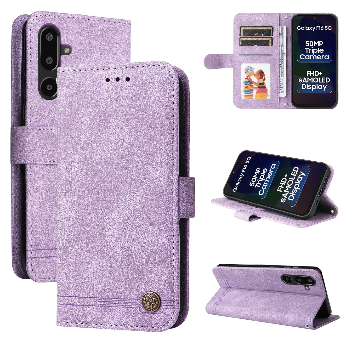 For Samsung Galaxy F16 5G / Galaxy M16 5G Leather Wallet Cases Skin Touch Phone Cover Stand with Strap - Purple