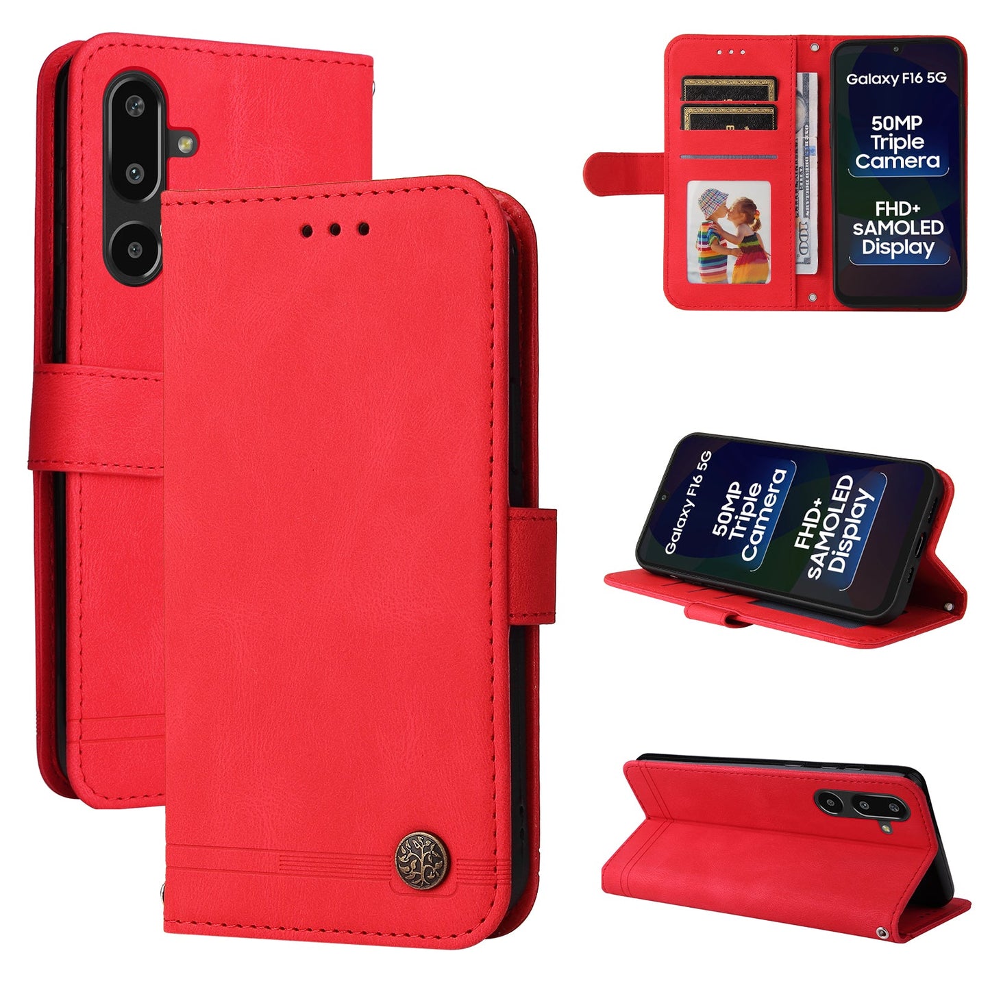 For Samsung Galaxy F16 5G / Galaxy M16 5G Leather Wallet Cases Skin Touch Phone Cover Stand with Strap - Red