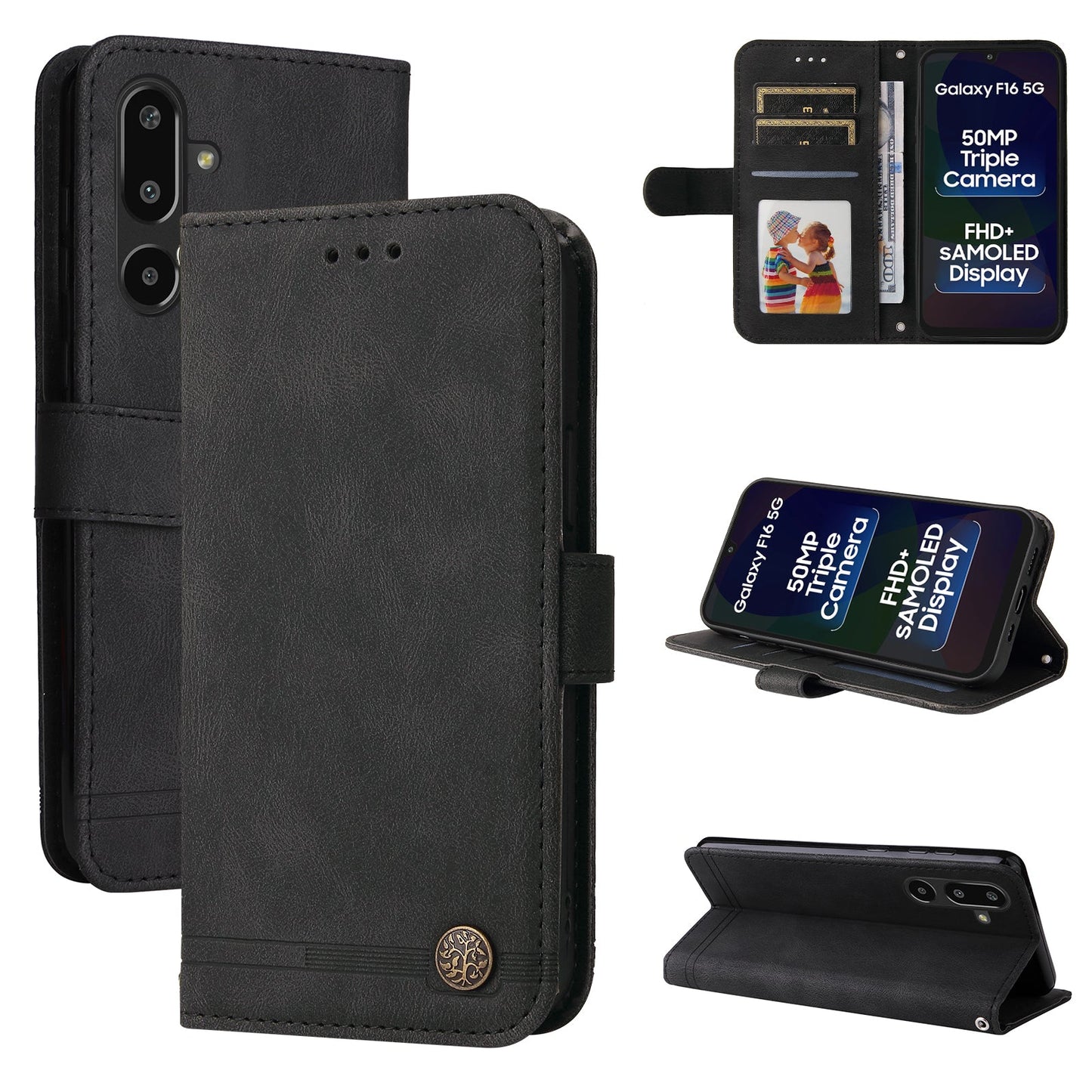 For Samsung Galaxy F16 5G / Galaxy M16 5G Leather Wallet Cases Skin Touch Phone Cover Stand with Strap - Black