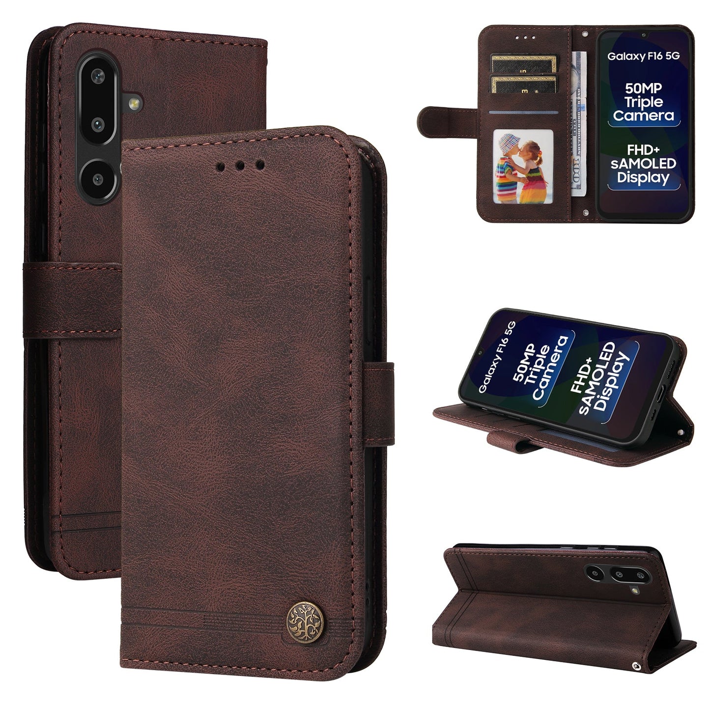 For Samsung Galaxy F16 5G / Galaxy M16 5G Leather Wallet Cases Skin Touch Phone Cover Stand with Strap - Brown