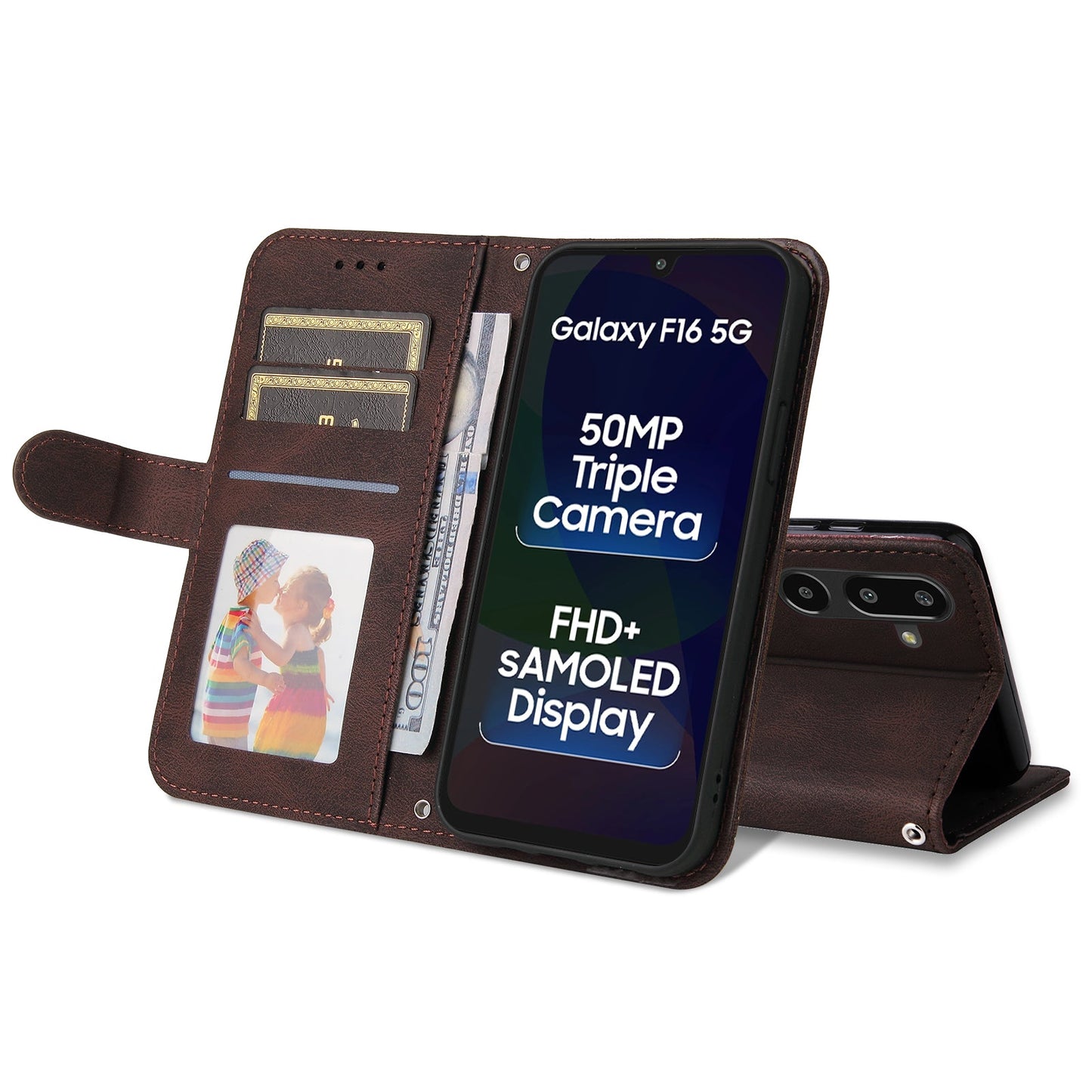 For Samsung Galaxy F16 5G / Galaxy M16 5G Leather Wallet Cases Skin Touch Phone Cover Stand with Strap - Brown