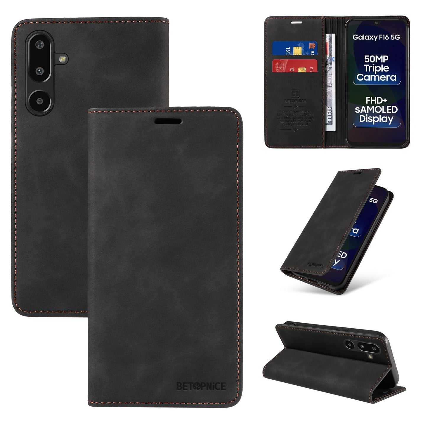 For Samsung Galaxy F16 5G / Galaxy M16 5G Case BETOPNICE Magnetic Closure RFID Blocking Wallet Stand Leather Phone Cover - Black