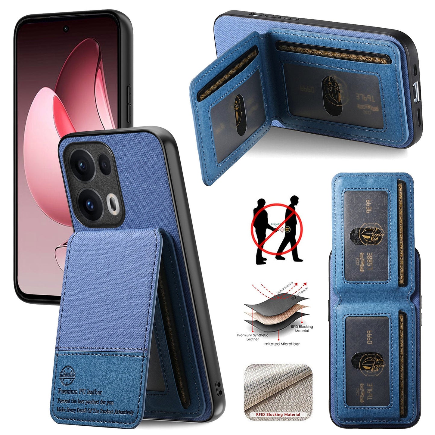 For Oppo Reno13 Pro 5G Case Cloth Texture Leather + PC + TPU RFID Blocking Phone Cover with Card Holder - Blue