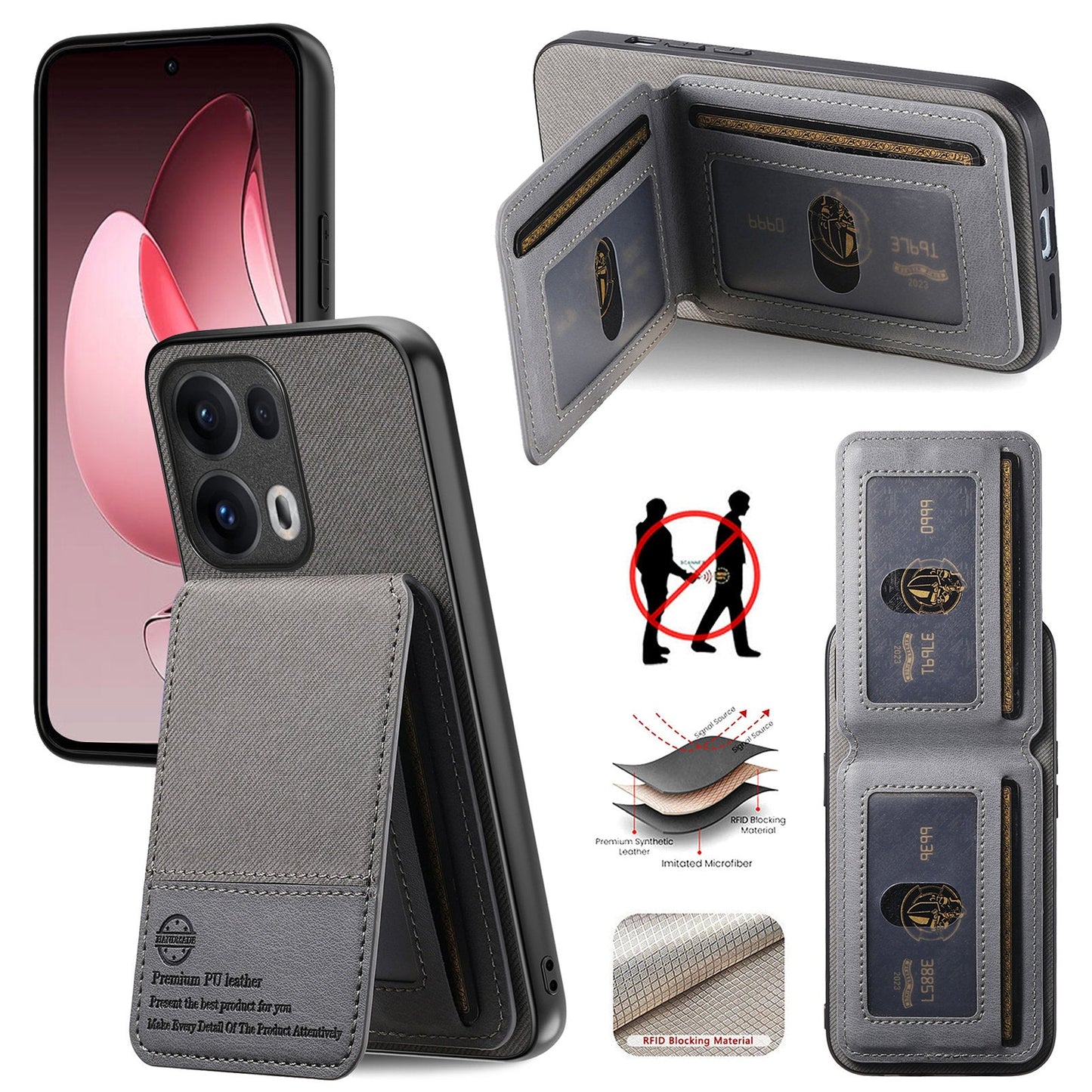 For Oppo Reno13 Pro 5G Case Cloth Texture Leather + PC + TPU RFID Blocking Phone Cover with Card Holder - Grey