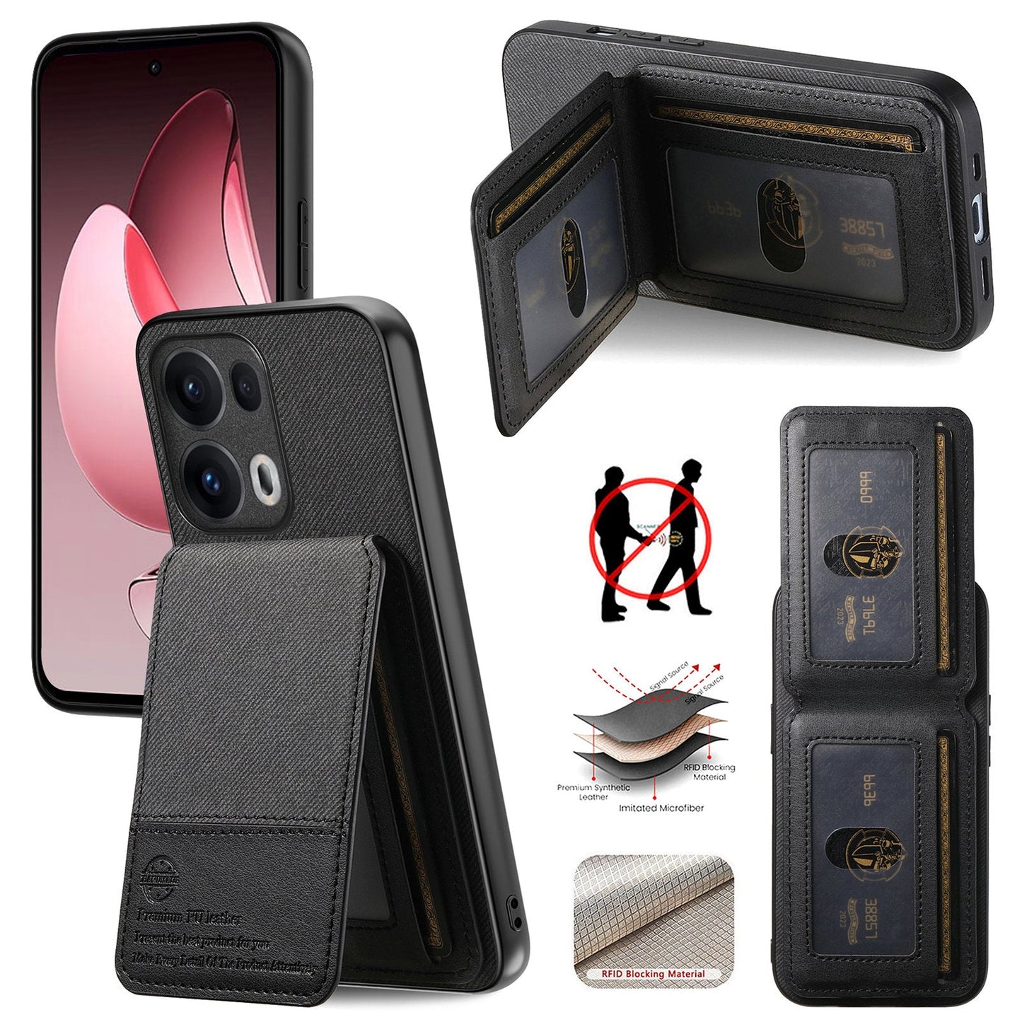 For Oppo Reno13 Pro 5G Case Cloth Texture Leather + PC + TPU RFID Blocking Phone Cover with Card Holder - Black
