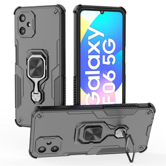 For Samsung Galaxy F06 5G Case Rotatable Ring Kickstand PC + TPU Shockproof Phone Cover - Black