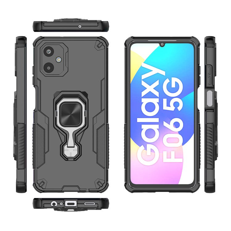 For Samsung Galaxy F06 5G Case Rotatable Ring Kickstand PC + TPU Shockproof Phone Cover - Black