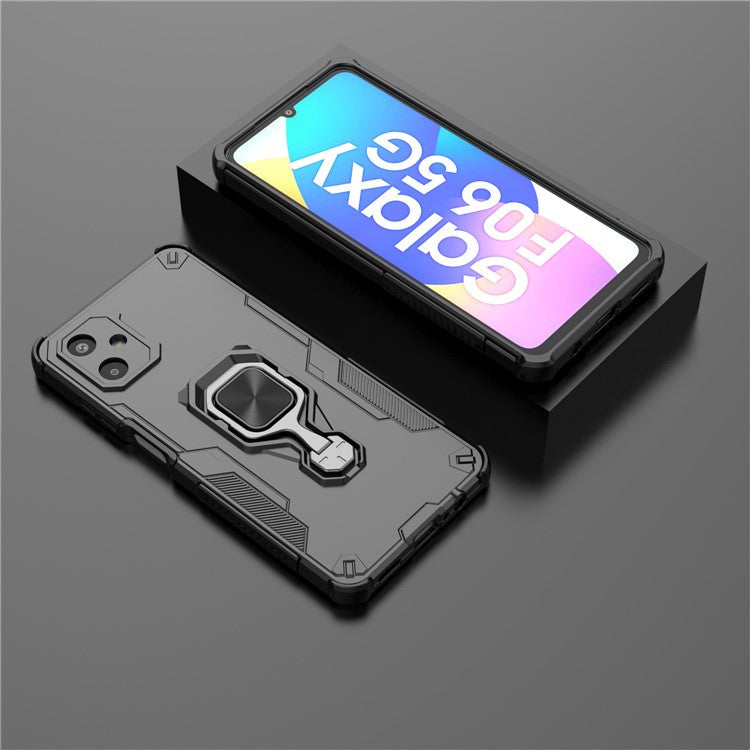 For Samsung Galaxy F06 5G Case Rotatable Ring Kickstand PC + TPU Shockproof Phone Cover - Black