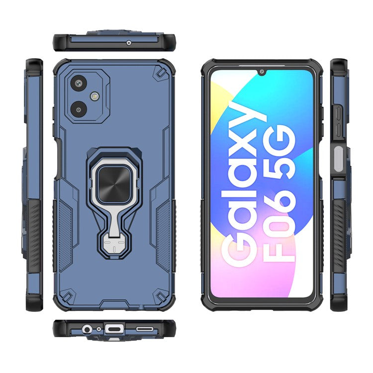 For Samsung Galaxy F06 5G Case Rotatable Ring Kickstand PC + TPU Shockproof Phone Cover - Navy Blue