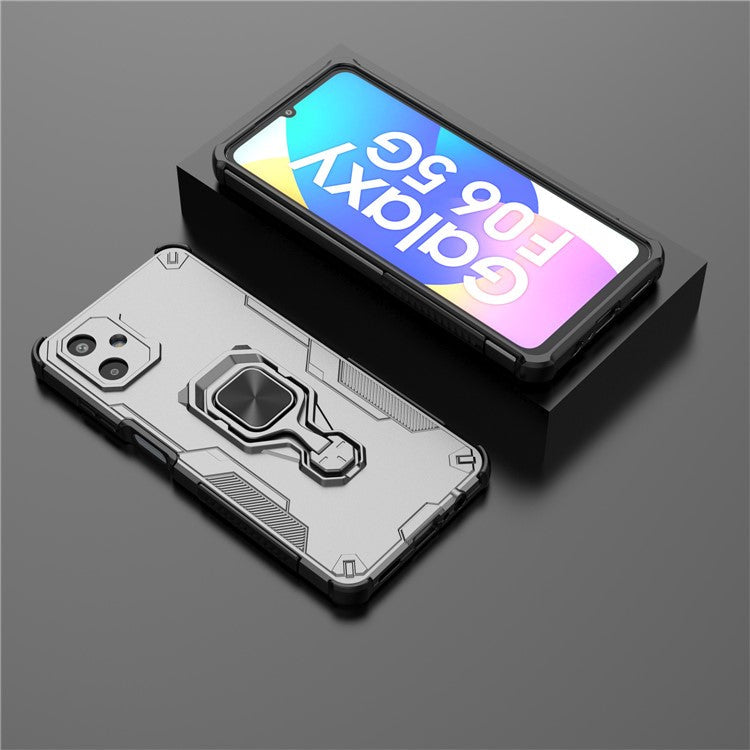 For Samsung Galaxy F06 5G Case Rotatable Ring Kickstand PC + TPU Shockproof Phone Cover - Titanium Grey