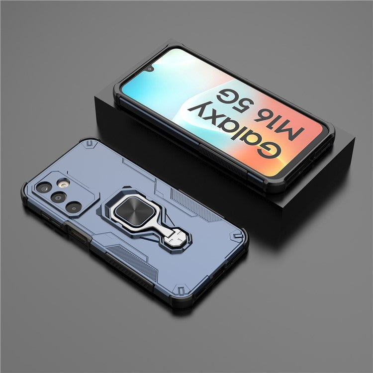 For Samsung Galaxy M16 5G Case Rotatable Ring Kickstand PC + TPU Shockproof Phone Cover - Navy Blue