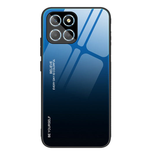 For Honor X8 5G Gradient Color Back Cover Hard Tempered Glass PC Back Soft TPU Frame Shockproof Protective Phone Case - Blue  /  Black