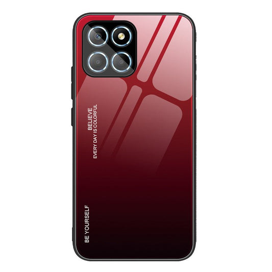 For Honor X8 5G Gradient Color Back Cover Hard Tempered Glass PC Back Soft TPU Frame Shockproof Protective Phone Case - Red  /  Black