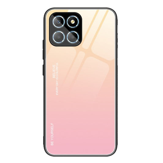 For Honor X8 5G Gradient Color Back Cover Hard Tempered Glass PC Back Soft TPU Frame Shockproof Protective Phone Case - Gold  /  Pink
