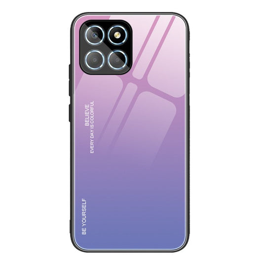 For Honor X8 5G Gradient Color Back Cover Hard Tempered Glass PC Back Soft TPU Frame Shockproof Protective Phone Case - Pink  /  Purple