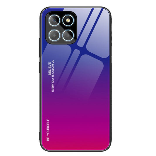 For Honor X8 5G Gradient Color Back Cover Hard Tempered Glass PC Back Soft TPU Frame Shockproof Protective Phone Case - Blue  /  Rose