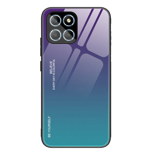 For Honor X8 5G Gradient Color Back Cover Hard Tempered Glass PC Back Soft TPU Frame Shockproof Protective Phone Case - Purple  /  Blue