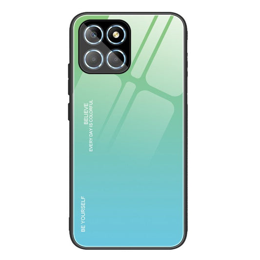 For Honor X8 5G Gradient Color Back Cover Hard Tempered Glass PC Back Soft TPU Frame Shockproof Protective Phone Case - Cyan  /  Blue