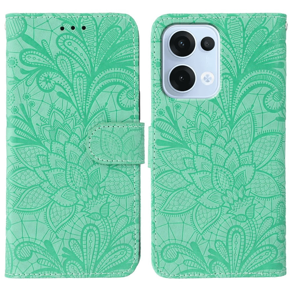 For Oppo Reno13 5G (Global) Case Lace Flowers PU Leather Flip Wallet Phone Cover - Green