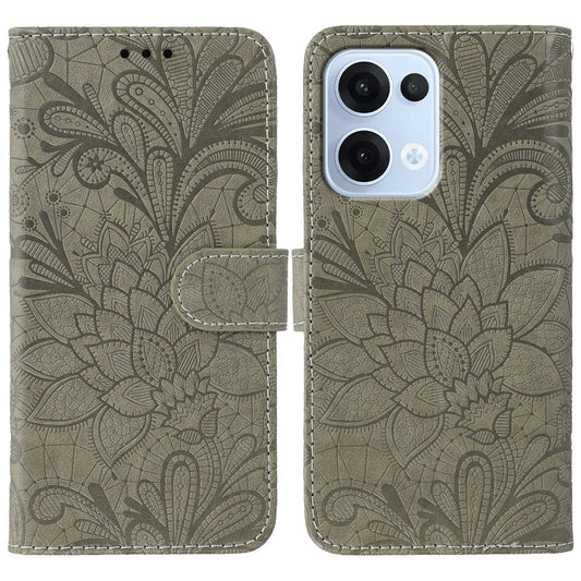 For Oppo Reno13 5G (Global) Case Lace Flowers PU Leather Flip Wallet Phone Cover - Grey