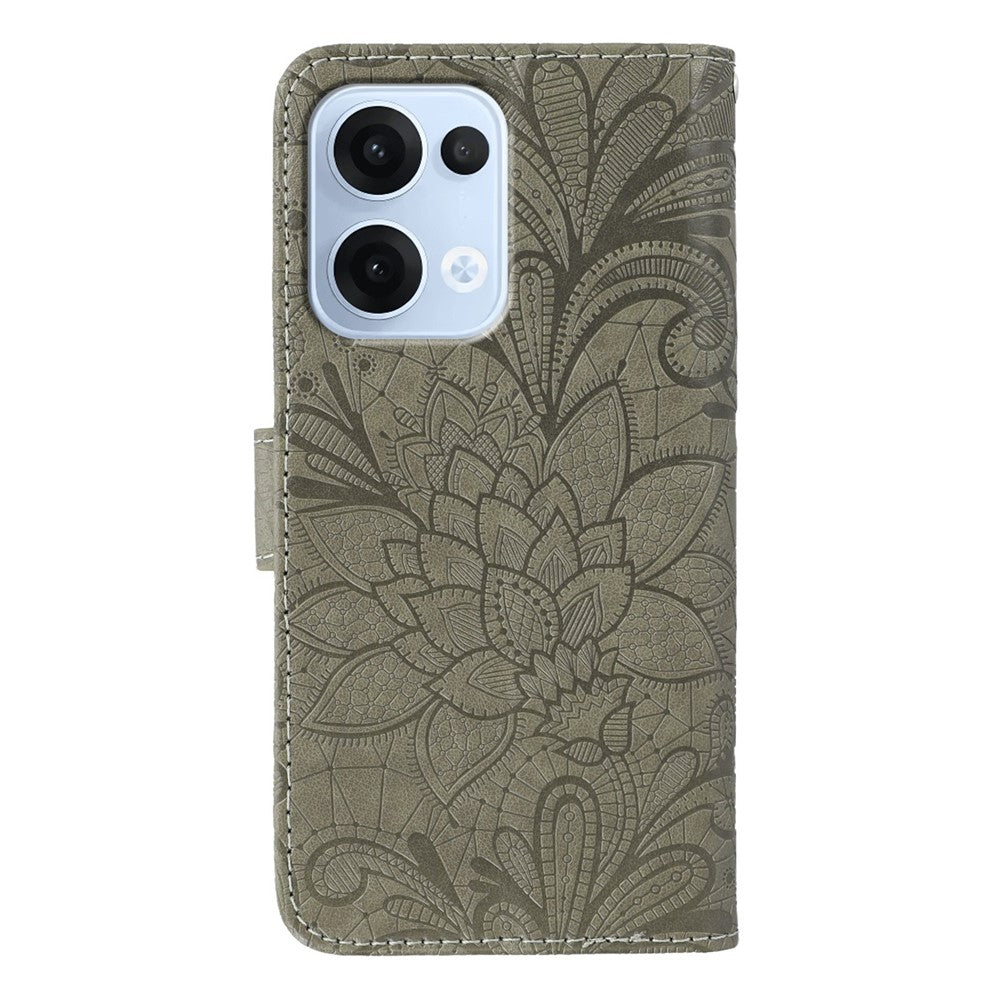 For Oppo Reno13 5G (Global) Case Lace Flowers PU Leather Flip Wallet Phone Cover - Grey