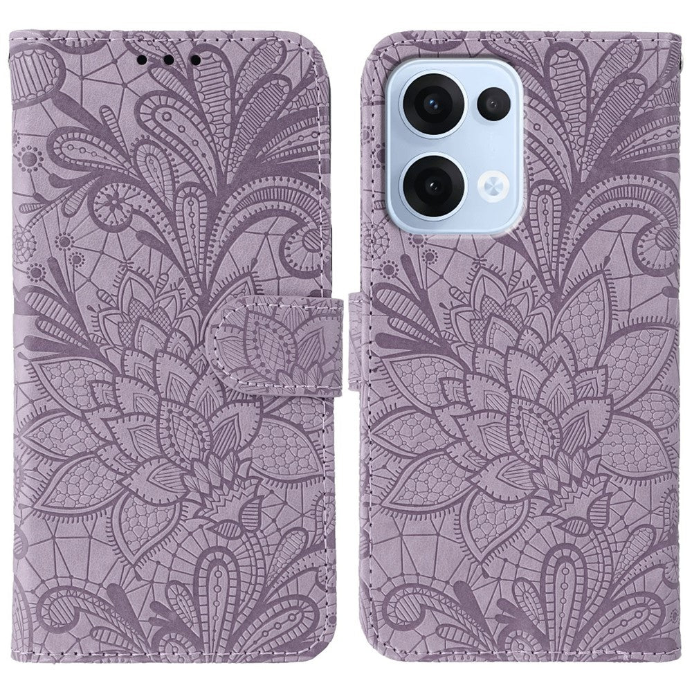 For Oppo Reno13 5G (Global) Case Lace Flowers PU Leather Flip Wallet Phone Cover - Purple