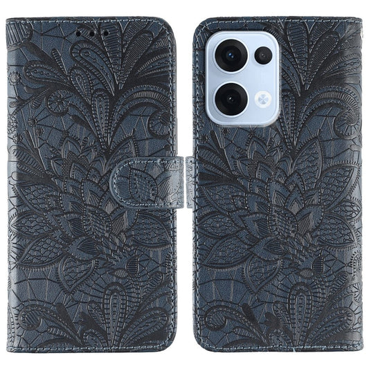 For Oppo Reno13 5G (Global) Case Lace Flowers PU Leather Flip Wallet Phone Cover - Dark Blue