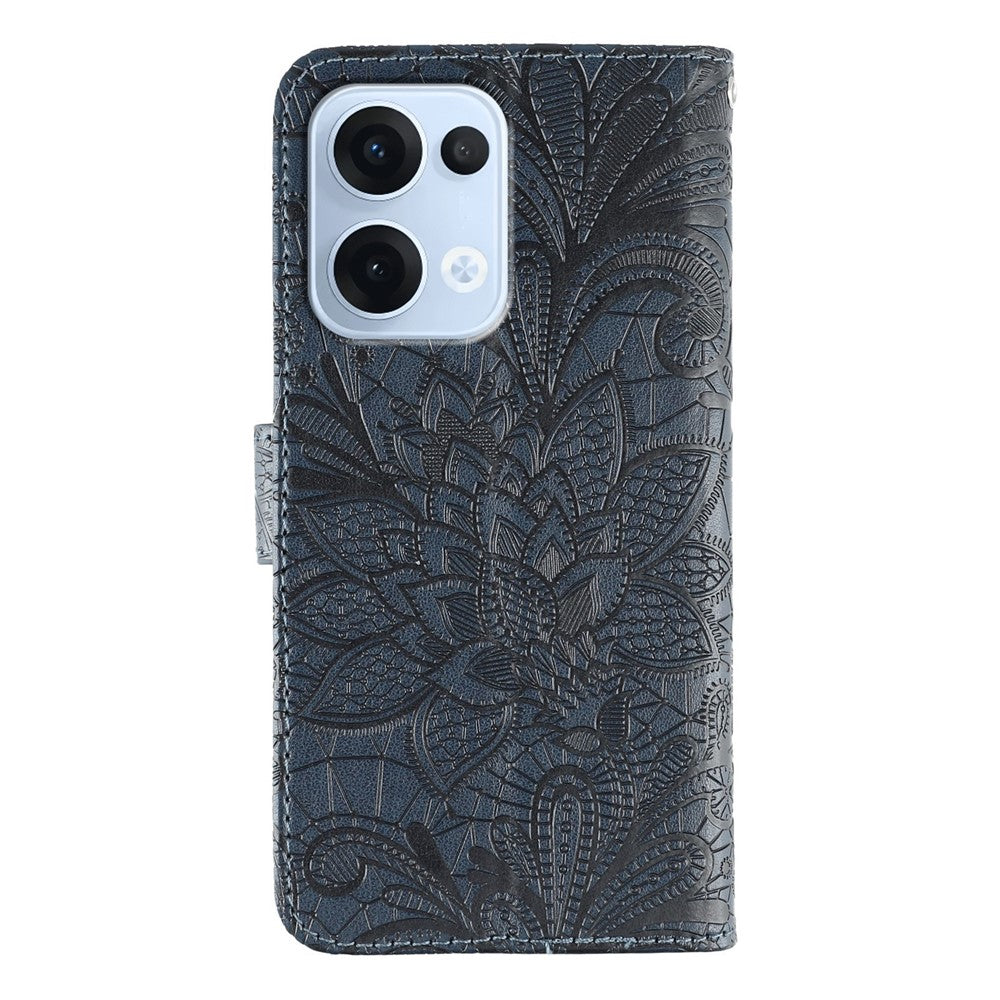 For Oppo Reno13 5G (Global) Case Lace Flowers PU Leather Flip Wallet Phone Cover - Dark Blue