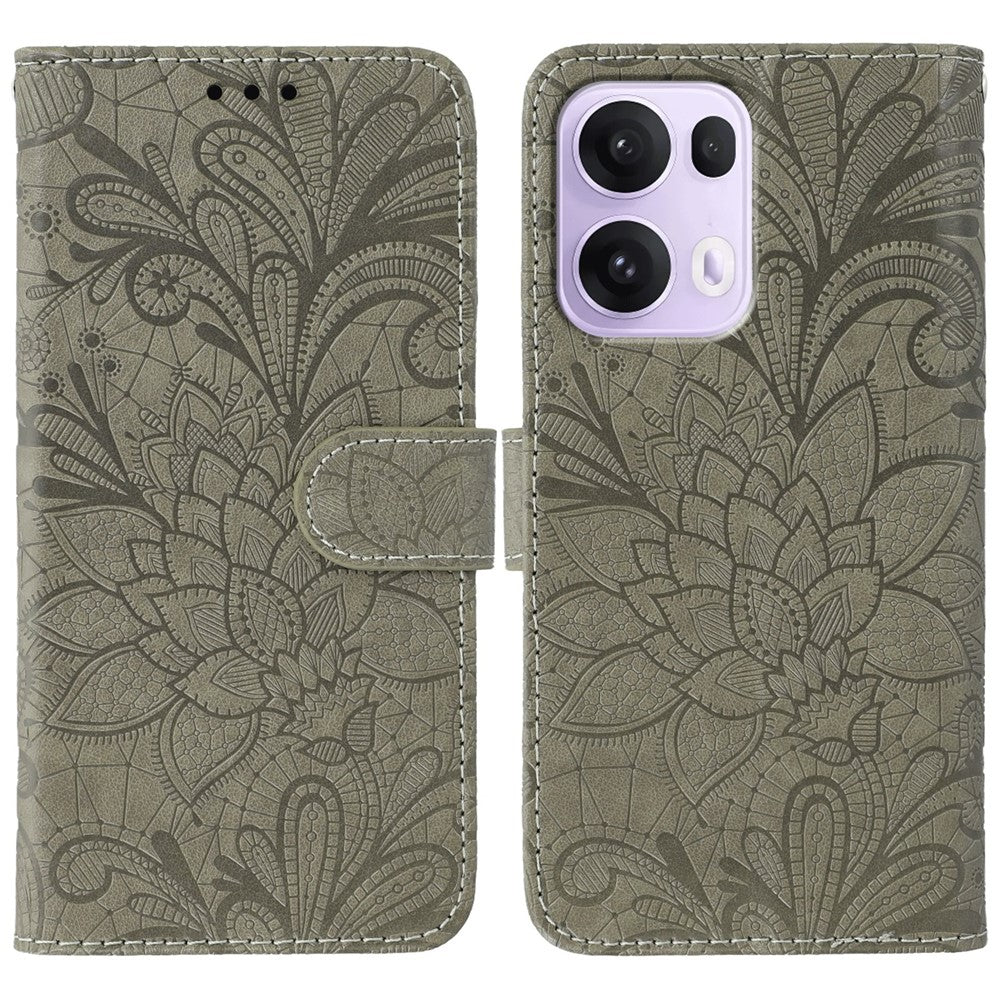 For Oppo Reno13 Pro 5G Case Lace Flowers PU Leather Flip Wallet Phone Cover - Grey