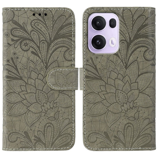 For Oppo Reno13 Pro 5G Case Lace Flowers PU Leather Flip Wallet Phone Cover - Grey