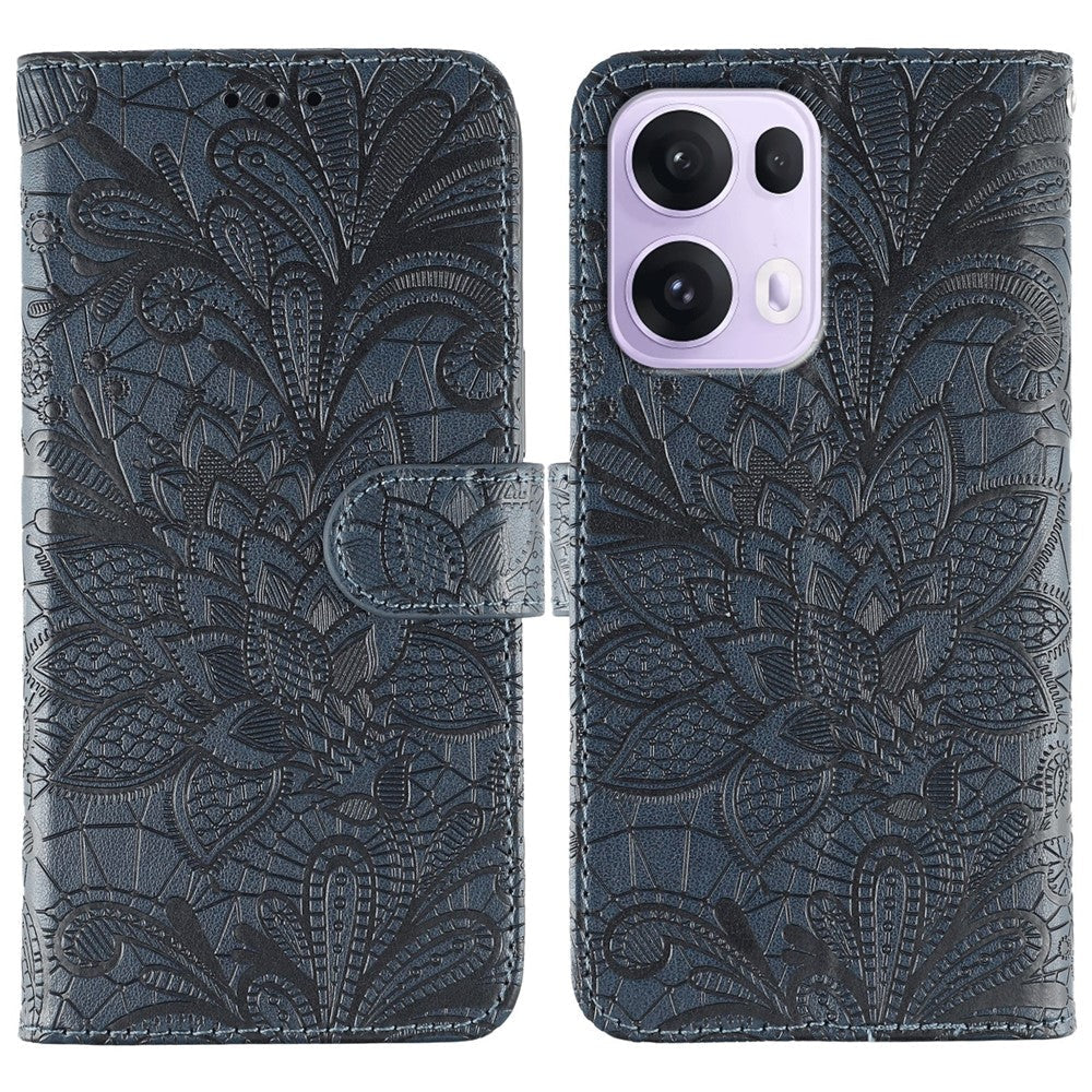 For Oppo Reno13 Pro 5G Case Lace Flowers PU Leather Flip Wallet Phone Cover - Dark Blue