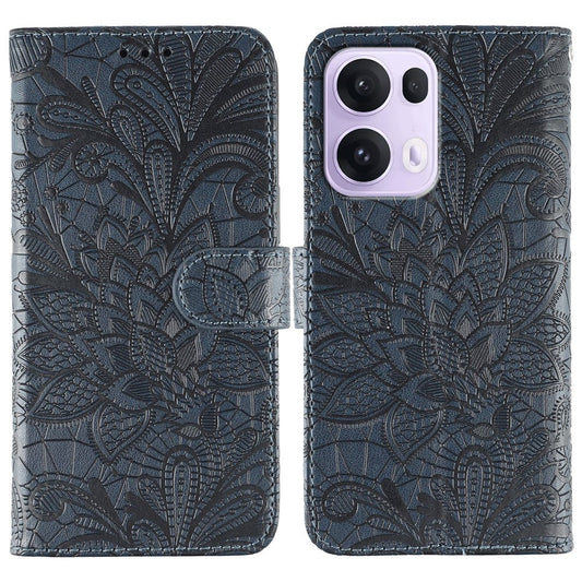 For Oppo Reno13 Pro 5G Case Lace Flowers PU Leather Flip Wallet Phone Cover - Dark Blue