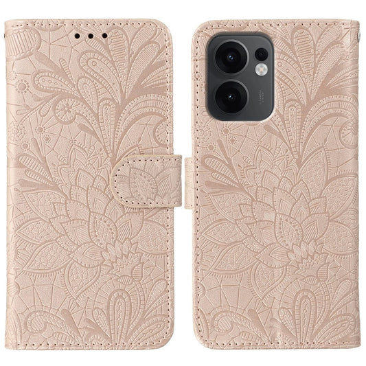 For Oppo Reno13 F 5G  /  4G Case Lace Flowers PU Leather Flip Wallet Phone Cover - Rose Gold